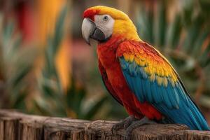 A vibrant parrot with red, yellow, and blue feathers sits on a wooden railing surrounded by lush greenery in a sunny environment photo