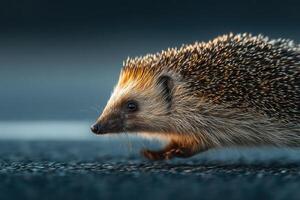 A small hedgehog explores its surroundings during dusk, highlighting its unique quills and curious expression as it moves photo