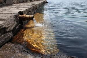 Water flows from a pipe into a calm lake, creating ripples and reflecting sunlight on the water's surface photo