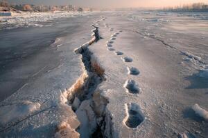 Footprints traverse a frozen expanse where ice has cracked, capturing the silence of a winter morning as the sun rises photo