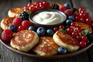 Golden pancakes are arranged artfully around a bowl of creamy dip, surrounded by a colorful assortment of fresh berries in a rustic setting photo
