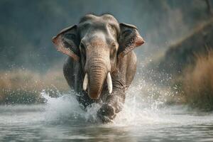 A majestic elephant charges through shallow water surrounded by a tranquil landscape, showcasing its strength and grace photo