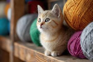 A playful little kitten gazes intently at vibrant yarn balls stacked on a rustic shelf, embodying innocence and curiosity in a cozy environment photo