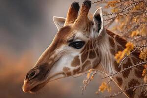 Giraffe is seen peering through branches with vibrant leaves in an autumn setting, showcasing its unique features and serene expression photo