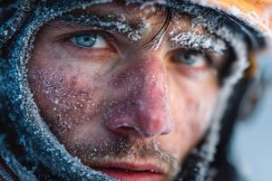 Determined climber faces intense cold conditions, his face frost-covered, reflecting the harsh environment of winter mountains photo