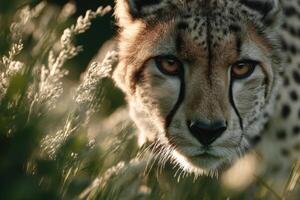 Cheetah stealthily moves through tall grass, capturing the beauty of its intense gaze during the warm light of sunset photo