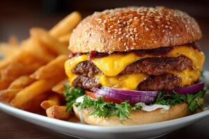 Enjoying every bite of a mouthwatering cheeseburger layered with juicy patties and topped with crisp vegetables, served with fries photo