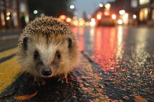 A hedgehog cautiously navigates a reflective, wet road at twilight, with blurred car lights illuminating the rainy setting photo