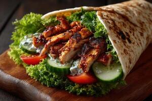 A delicious grilled chicken wrap filled with crisp vegetables and fresh sauce, presented on a rustic wooden board in a relaxed atmosphere photo
