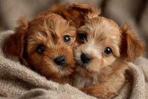 Soft fur and bright eyes shine as two playful puppies cuddle close in a warm blanket, radiating joy and companionship photo