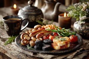 A hearty breakfast with grilled sausages, mushrooms, tomatoes, baked beans, and black pudding served on a rustic platter, accompanied by coffee photo
