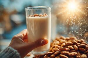 Hand holds a glass filled with almond milk, bright sunlight streams in, and a mound of almonds rests nearby, creating a warm atmosphere photo