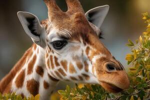 A giraffe is browsing on fresh leaves from a bush under the warm sun, showcasing its long neck and unique pattern photo