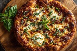 A delicious homemade pizza topped with melted cheese and fresh basil leaves rests on a wooden board, inviting enjoyment photo