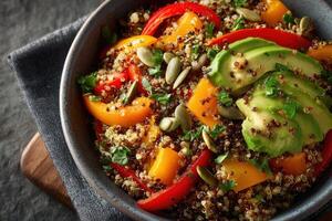 Healthy quinoa bowl features red and yellow bell peppers, avocado slices, and pumpkin seeds, garnished with fresh herbs on a wooden surface photo