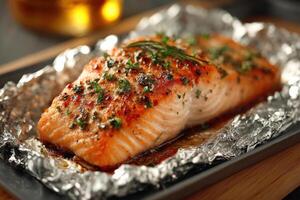 Mouthwatering grilled salmon fillet garnished with herbs and spices sits on foil in a cozy dining setting ready to be served photo