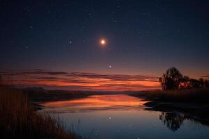 A peaceful river reflects the vibrant colors of twilight while the moon and stars illuminate the evening sky, creating a calming atmosphere photo