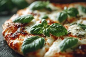 Freshly baked margherita pizza is showcased with vibrant green basil leaves, emphasizing a mouthwatering culinary delight photo