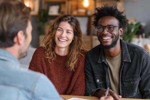 Three friends enjoy a joyful discussion in a relaxed cafe setting, sharing laughter and ideas while seated at a wooden table photo