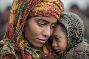 A mother tenderly holds her child close in a refugee camp as rain falls, illustrating the bond between them amid challenging conditions photo