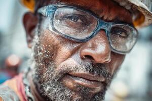 A construction worker wearing safety glasses and a hard hat displays a determined expression while working in a bustling construction environment photo