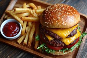 A delicious double cheeseburger featuring melted cheese, fresh lettuce, tomato, and golden fries with a side of ketchup photo