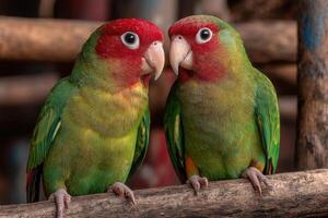 Two vibrant parrots with red heads and green bodies face each other on a wooden perch, surrounded by nature during the day photo