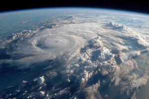 A powerful hurricane develops over the ocean with swirling clouds and visible rotation, showcasing the beauty and intensity of nature photo