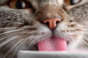 A furry cat enjoys licking a bowl, showcasing its pink tongue and whiskers in a warm, inviting indoor setting photo