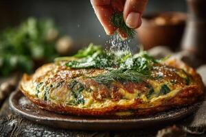 A hand is adding fresh herbs to a golden spinach omelette on a wooden table. Background elements suggest a cozy kitchen atmosphere photo