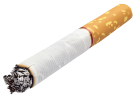 Close up studio shot of a partially smoked cigarette with ash isolated transparent background png