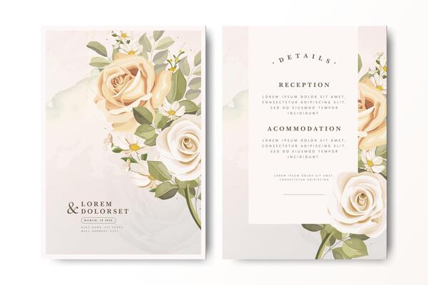elegant rose flower with creamy color wedding card set design