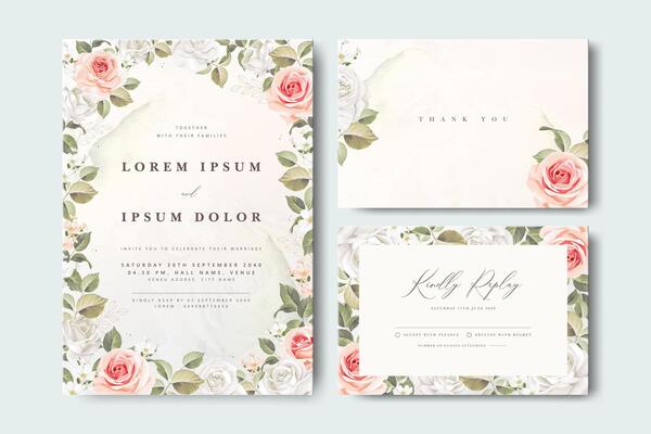 wedding invitation card with beautiful wreath roses flower garden