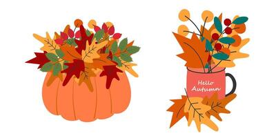 Autumn leaves compositions in pumpkin and in Cup with Hello Autumn Text Autumn design elements Set. Isolated illustration Autumn Holiday Theme Cards Party invite or banner, leaflets, price tag vector