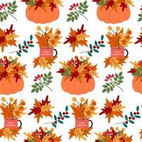 HandDrawn Pumpkin and Cup with Colorful Autumn Leaves Composition Seamless Pattern Autumnal Backdrop. Isolated illustration Autumn Holiday Theme Cards Background Party invite or banner, leaflet vector