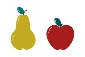 Hand Drawn Colorful Pear and Apple With Leaves Sticker Icon Pictogram Minimalist Design element Isolated Isolated illustration Food Poster Social media post or promo banner, leaflet, label, tag vector