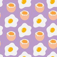 Fried egg and Soft Boiled Egg with runny yolk Seamless Pattern on Lavender Background Breakfast Fond. Isolated illustration Culinary Food poster Thematic or menu cards, web promo leaflets, tag vector