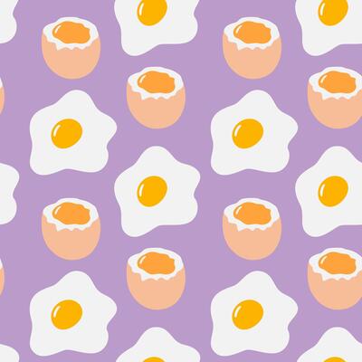 Fried egg and Soft Boiled Egg with runny yolk Seamless Pattern on Lavender Background Breakfast Fond. Isolated illustration Culinary Food poster Thematic or menu cards, web promo leaflets, tag