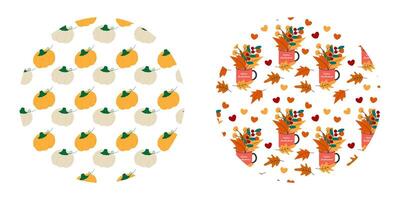 Pumpkins and Autumn leaves Composition in cup Seamless Pattern on Circle Backdrop Seasonal Fond Set. Isolated illustration Autumn Holiday Theme Cards Background Party invite or banner, leaflets vector