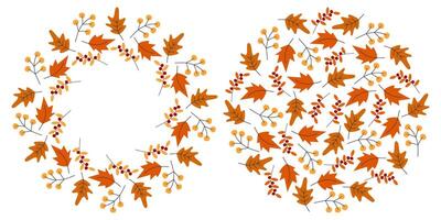 Hand Drawn Autumn leaves and Berry Twigs Circle Frame Border and Backdrop Autumn Copy Space Template. Isolated illustration Thanksgiving or Autumn Themes Card Party invite, banner, leaflet, tag vector