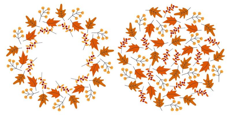 Hand Drawn Autumn leaves and Berry Twigs Circle Frame Border and Backdrop Autumn Copy Space Template. Isolated illustration Thanksgiving or Autumn Themes Card Party invite, banner, leaflet, tag