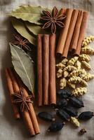 Close up view of various spices on textured beige fabric photo