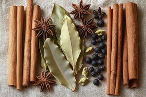 An assortment of spices and herbs arranged on a textured surface photo