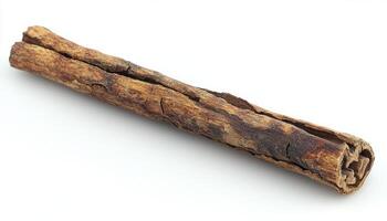 A single cinnamon stick laying on a plain white background photo