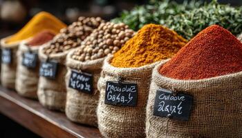 Several different spices displayed within small burlap sacks photo
