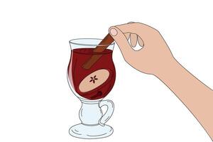 Hand drawn Person hand dips cinnamon stick into a glass cup of mulled wine and spices Pop art Design. Isolated illustration Cozy Thematic Content and advertising Menu cards, price tag, leaflets vector