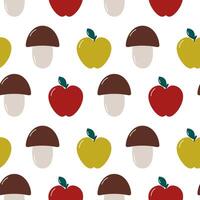 Hand Drawn Mushroom Red and Green apple with leaf Seamless Pattern Harvest Thematic Background idea. Isolated illustration Autumn Holiday Theme Cards Background Party invite or banner, leaflets vector