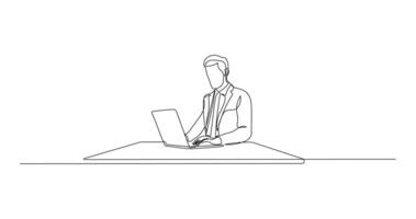 Continuous Line Drawing of a Man Using Laptop at a Table. Minimalist illustration of people working on laptop in black linear sketch isolated on white vector