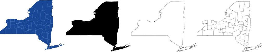 New York state of United States maps isolated on a white background. Blue and white outline map of the counties. Black silhouette and outline. vector
