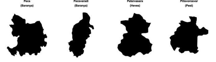 Pecs, Pecsvaradi, Petervasara, Pilisvorosvar outline maps vector